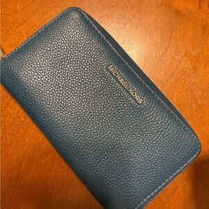 Michael Kors Teal Pebbled Zip-Around Wallet with Gold Logo